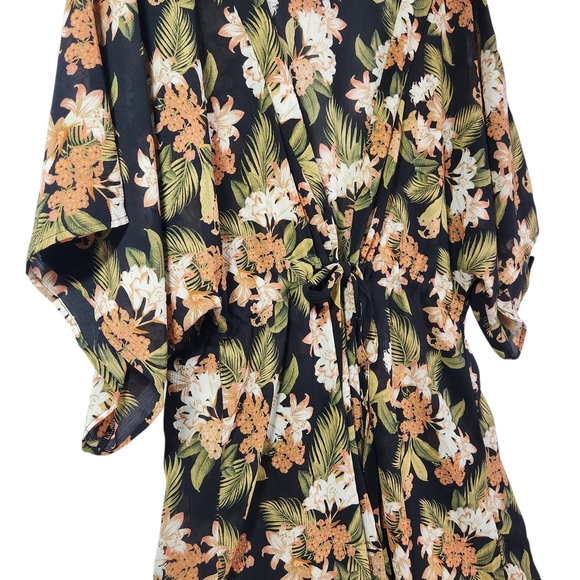 Tropical Floral Kimono Cover Up with Tie Front S/M Resort Wear Beach Vacation - Picture 3 of 9